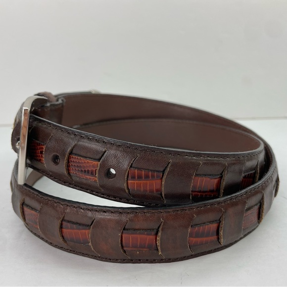 Brown‎ Leather Snakeskin Inlay Woven Belt 38 - Picture 3 of 16